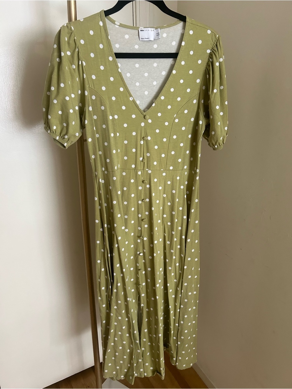 ASOS DESIGN Sage Green White Polka Dot Midi Dress Puff Sleeve Cottagecore US 6